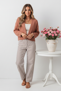 Thumbnail for Front view - Pink Cardigan & Striped Jeans