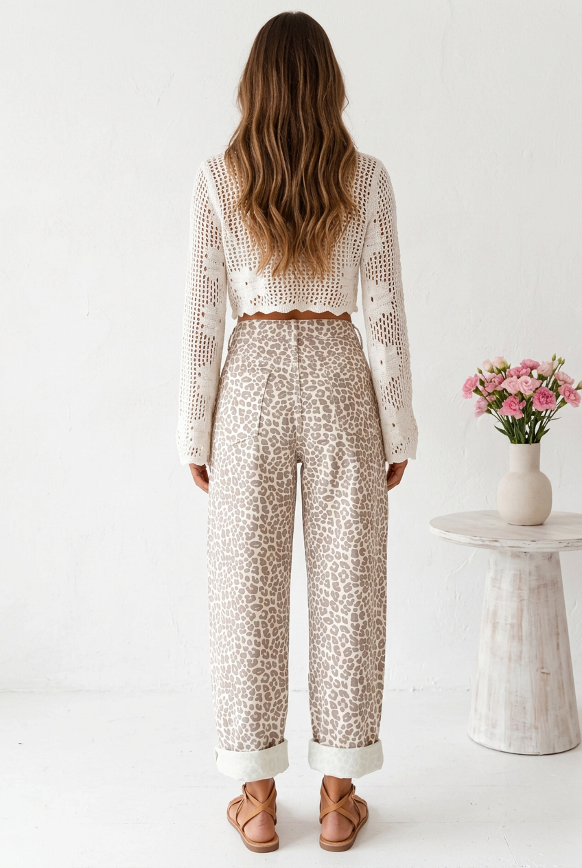 Full-length back view of leopard-print jeans