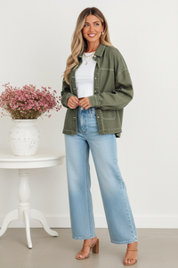 Thumbnail for Full length - Ranger Olive Denim Shacket