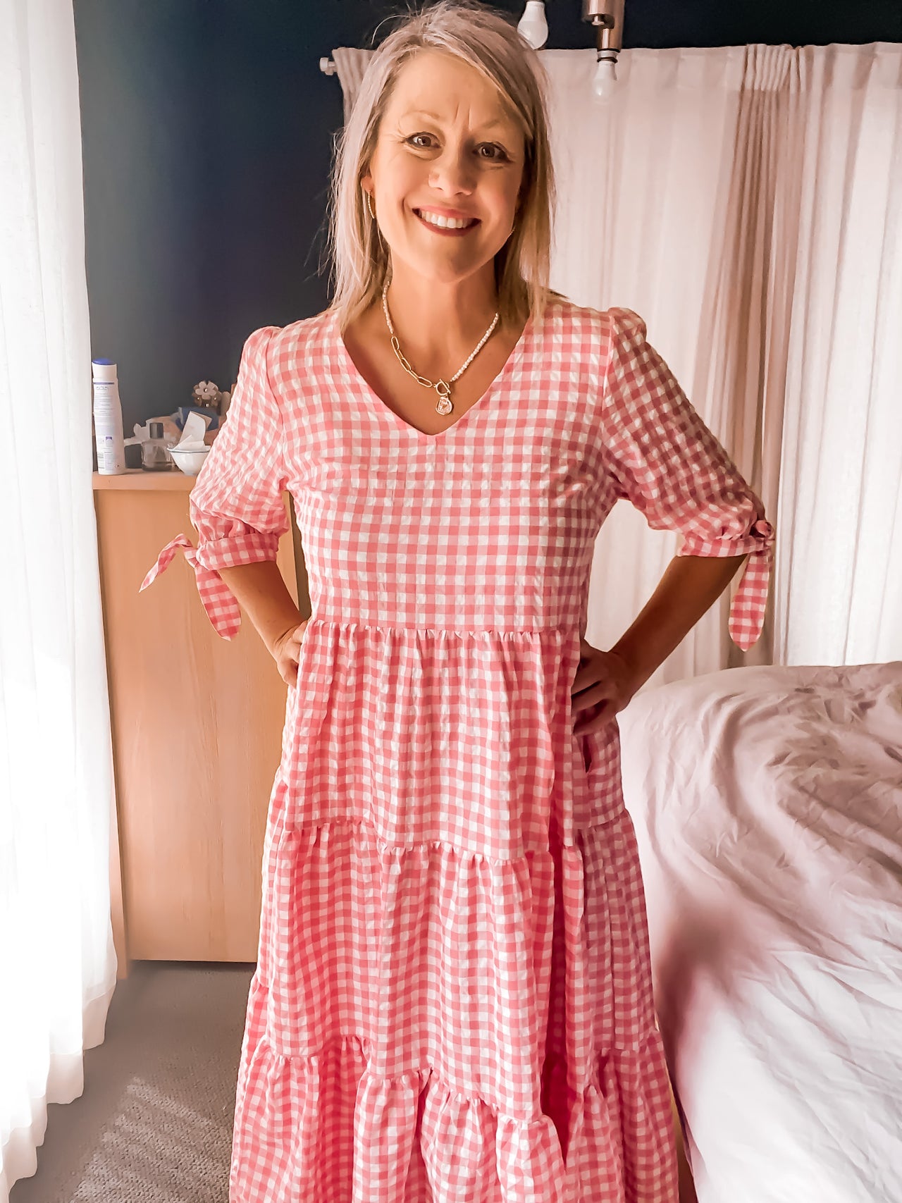 Kehlana Tiered Midi Dress In Pink With White Gingham – St Frock