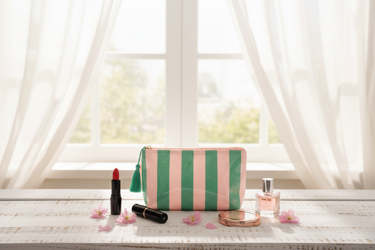 Lifestyle - Cabana Stripe Makeup Pouch timber table
