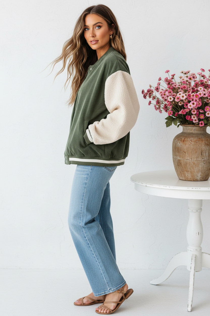 Side view - Army Green Sherpa Varsity Jacket