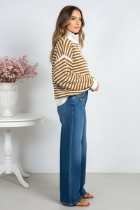 Thumbnail for Side view - Brown Stripe Half-Zip Knit