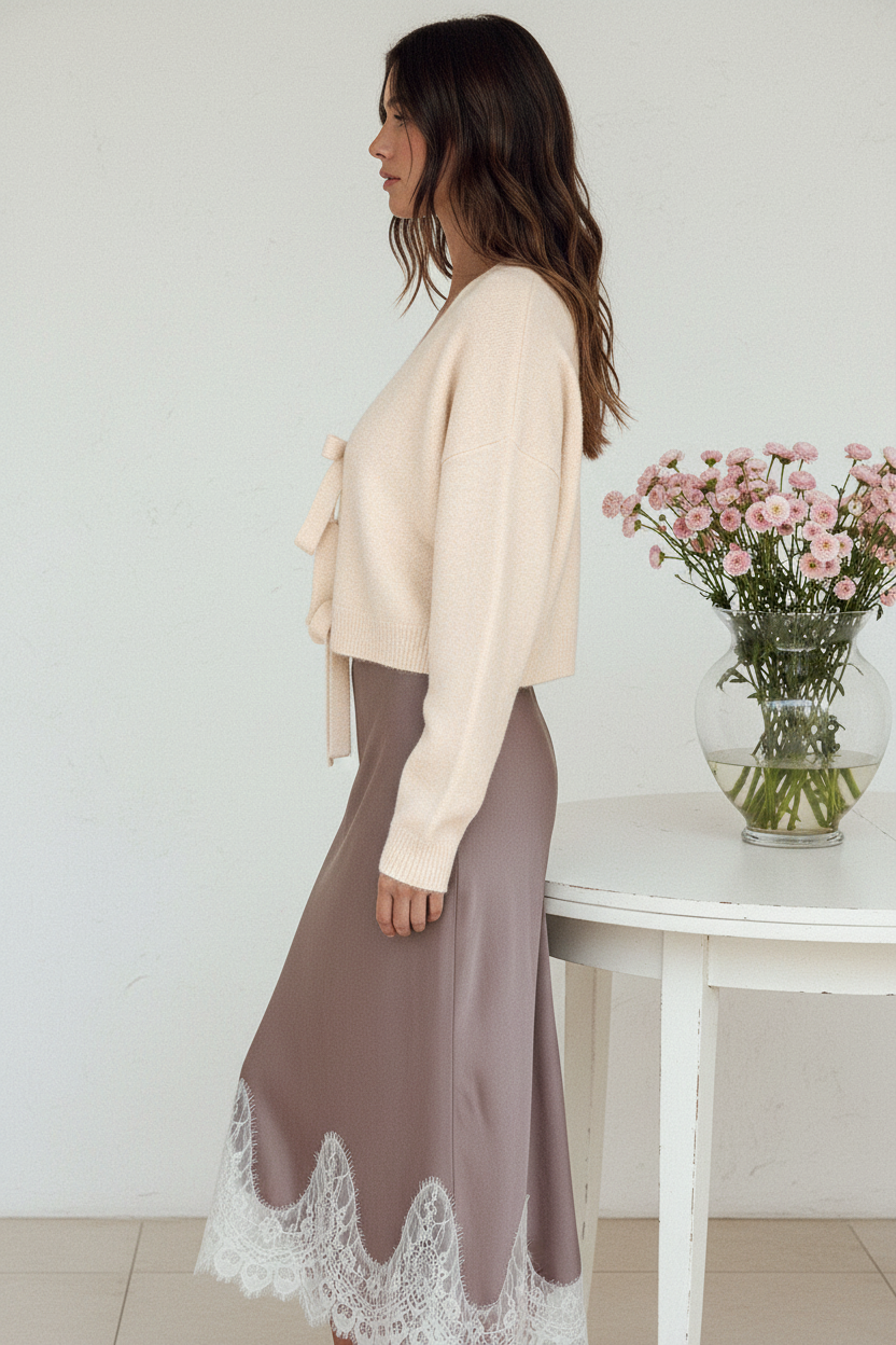 Side view - Cream Cardigan & Lace Skirt