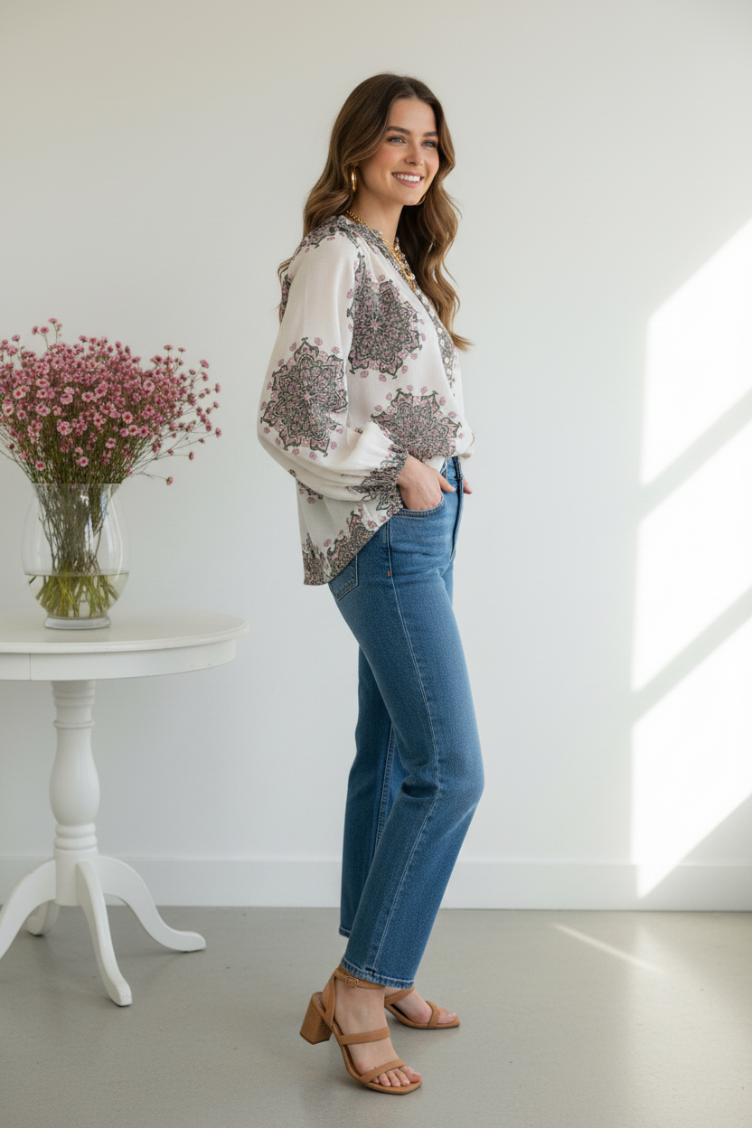 Side view - Cream Paisley Medallion Boho Blouse