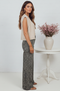 Thumbnail for Side view - Khaki Leopard Wide-Leg Jeans