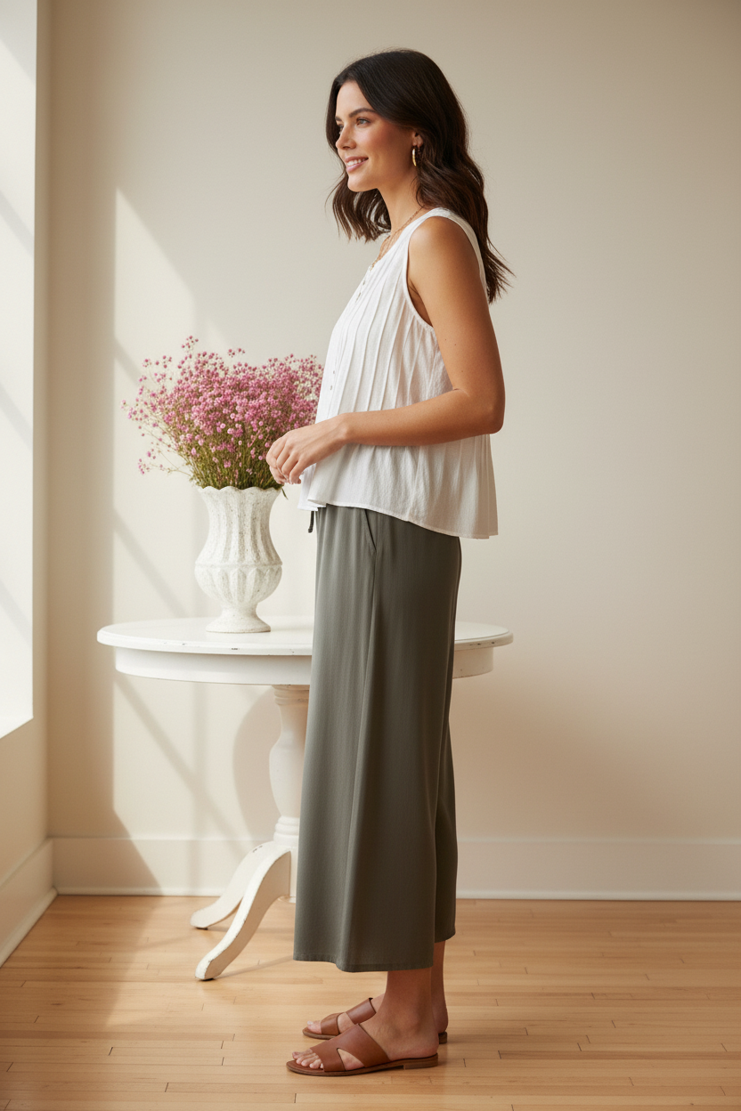Side view - Khaki Wide-Leg Cropped Culottes