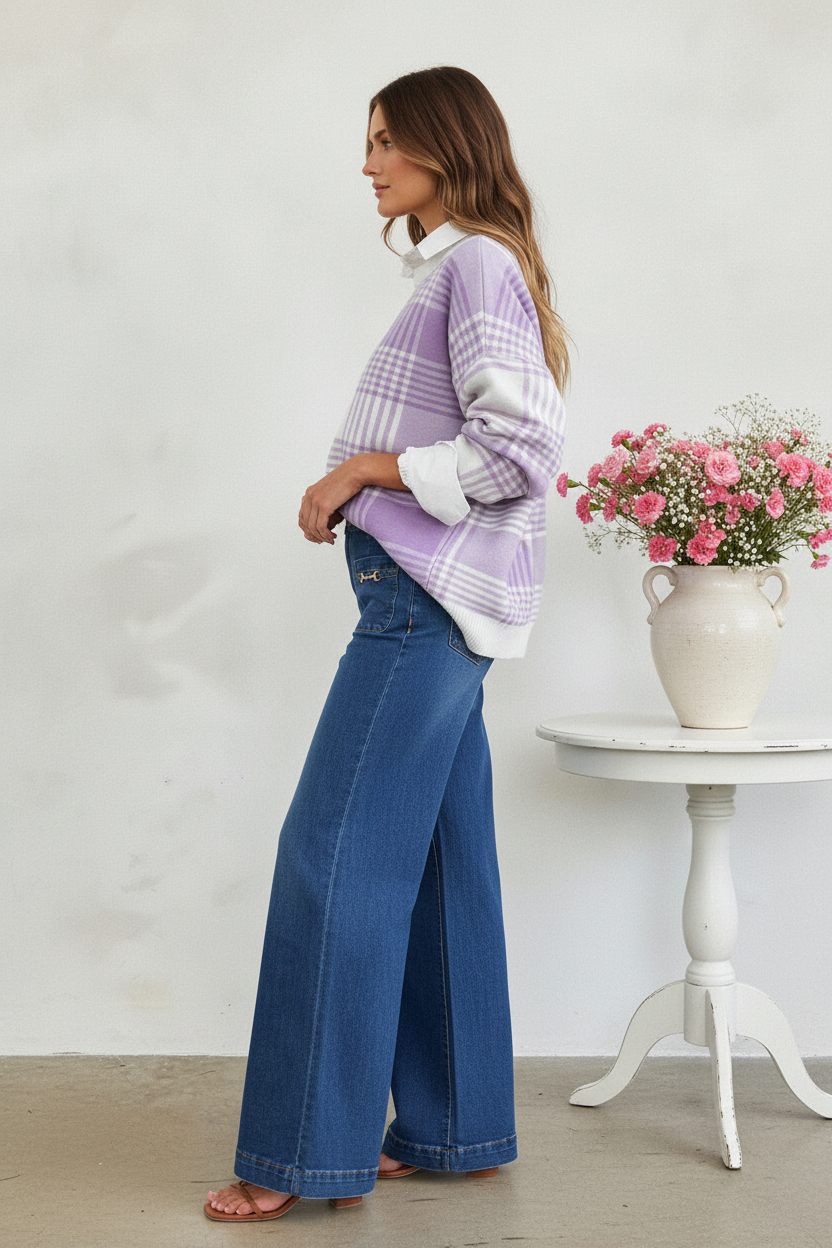 Side view - Lavender Plaid Knit & Wide-Leg Jeans