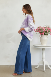 Thumbnail for Side view - Lavender Plaid Knit & Wide-Leg Jeans