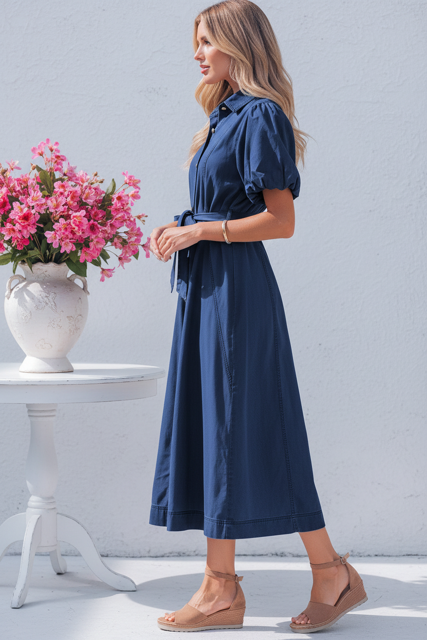 Side view - Navy Puff Sleeve Shirt Dress