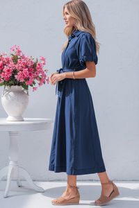 Thumbnail for Side view - Navy Puff Sleeve Shirt Dress