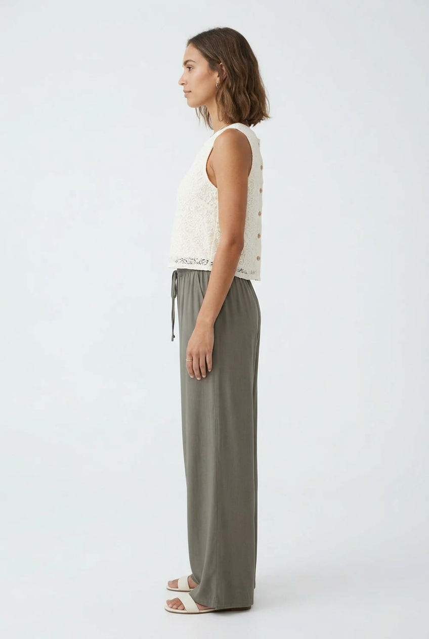Side view of the same model and outfit