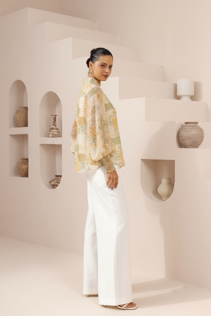 Side view - Patchwork Print Balloon Sleeve Top
