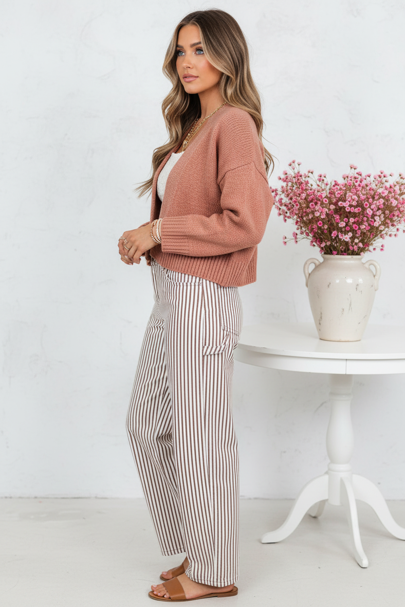 Side view - Pink Cardigan & Striped Jeans