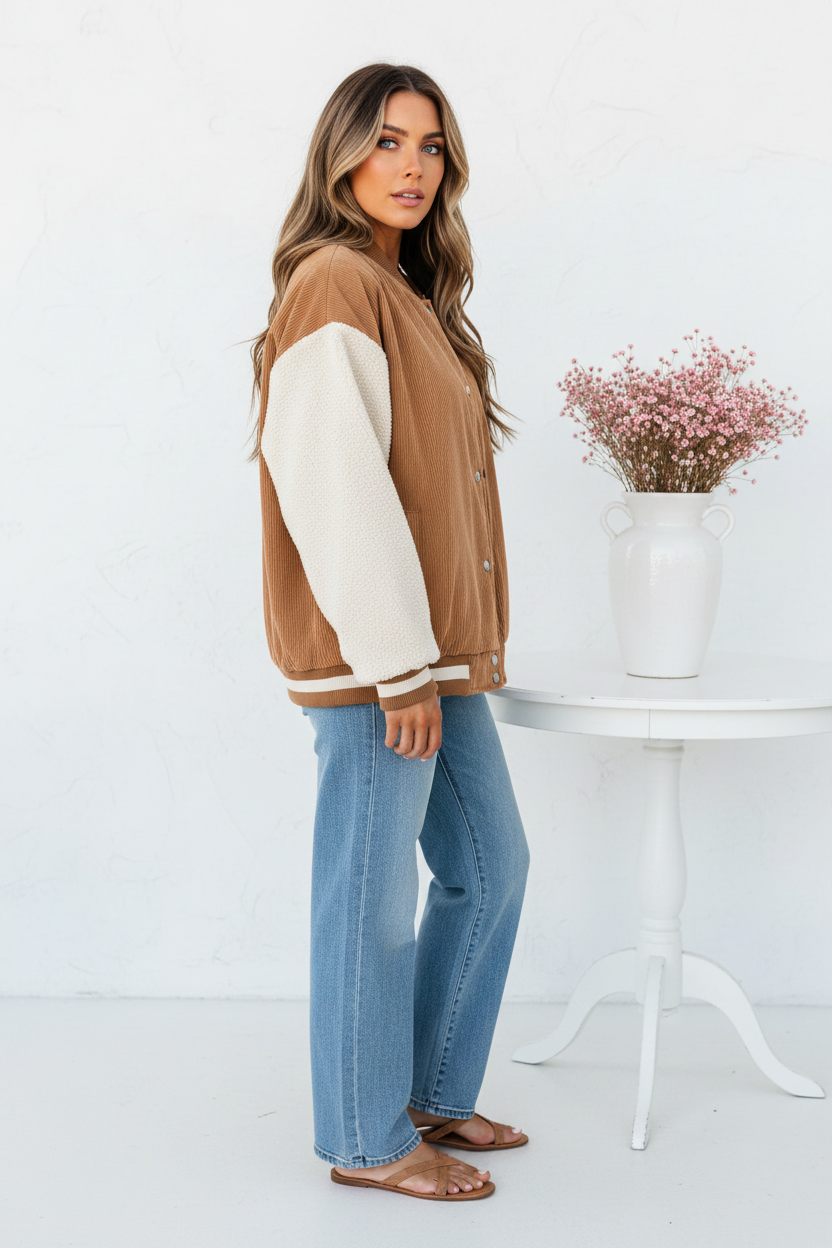 Side view - Tan Corduroy Sherpa Varsity Jacket